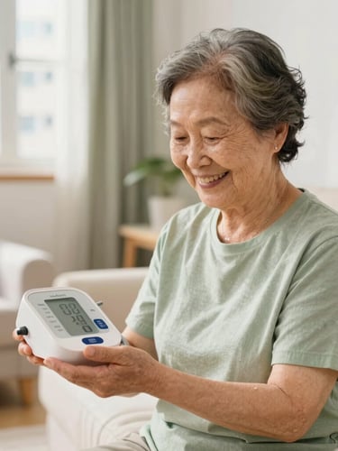 A happy Hong Kong senior grandmother in a bright, sunlit public housing apartment, proudly showing a compact, modern blood pressure monitor, warm editorial style, shallow depth of field