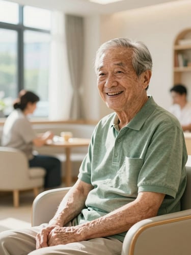 A dignified Hong Kong senior smiling, sitting in a bright modern day care center, soft natural daylight, warm tones, high contrast, professional editorial photography