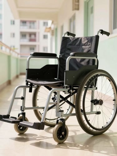 A close-up of a modern, sleek electric wheelchair parked in a bright, sunlit corridor of a Hong Kong public housing estate, warm natural daylight reflecting on the polished floor, dignified and high-contrast.
