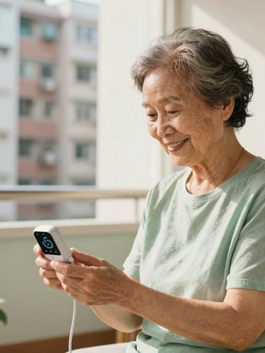 A bright, warm editorial photograph of a dignified Hong Kong grandmother in a sunlit public housing apartment, smiling as she looks at an intuitive smart health monitor, soft green and gold tones.