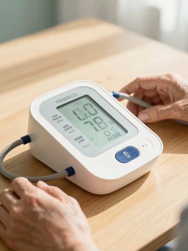 Close-up of a high-contrast digital blood pressure monitor on a warm wooden table, soft morning sunlight, a senior's hand resting gently beside it, warm editorial style