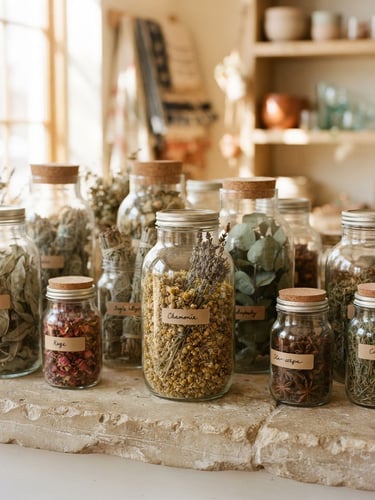 A close-up of dried botanicals and clean glass jars on a limestone counter, warm sunlit store interior, soft natural window light, 35mm