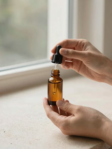 Hands holding an elegant amber tincture dropper over a clean stone countertop, warm natural window light, soft sage and sand tones, shallow depth of field