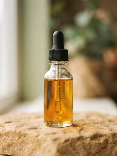 A macro photograph of a clean glass dropper bottle filled with golden cannabinoid oil, resting on a warm sand-colored stone surface, soft natural window light, shallow depth of field.