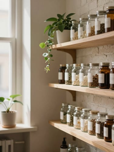 A warm, sunlit interior of a minimalist apothecary with historic brick walls, green botanical plants, and clean glass jars on wooden shelves, soft window light.