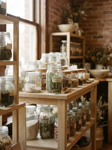 Warm sunlit boutique interior with exposed brick, clean glass jars on white oak shelves, soft shadows, 35mm photography