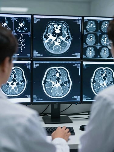 Over-the-shoulder view of a radiologist analyzing high-resolution CT and MRI brain scans on multiple glowing diagnostic monitors in a dimly lit, professional reading room.