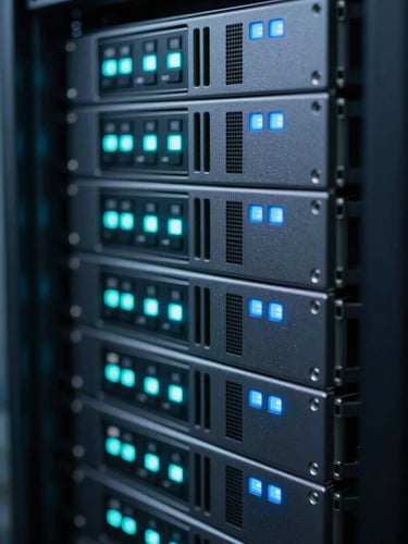 Macro shot of secure server hardware in a clinical data center, cool-toned blue and teal status lights blinking on rack-mounted units, shallow depth of field, high-precision technology.