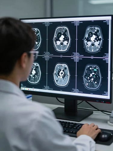 Over-the-shoulder view of a radiologist analyzing high-resolution diagnostic monitors displaying crisp CT and MRI slices in a low ambient light reading room, high contrast from glowing screens.