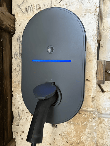 Prise Green'Up Home Legrand installé sur un mur en pierre