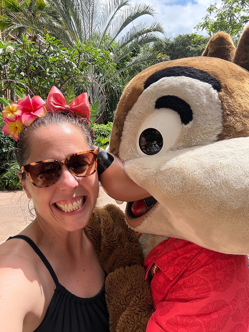 Jennifer Beck pictured with Chip at Aulani, A Disney Resort & Spa.