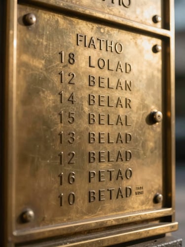 Tight macro shot of the original brass building directory in the east lobby, soft late afternoon sunlight highlighting the engraved suite numbers and polished metal texture.