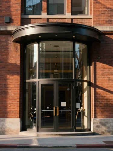 Straight-on architectural elevation of the Ledger Building entrance, showing fluted glass, original brickwork, and warm afternoon light casting graphic shadows.