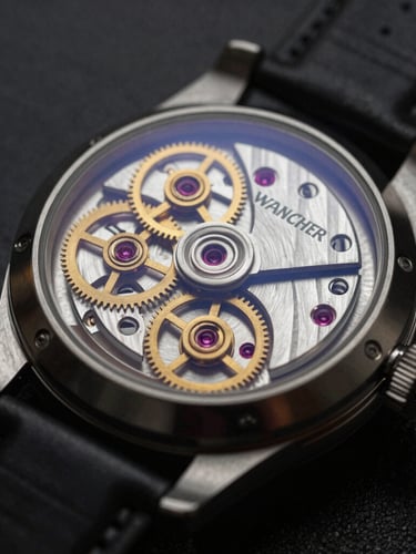 Macro view of Wancher watch mechanical movement, brass gears and ruby jewels visible through sapphire crystal caseback, soft directional lighting, dark moody tones