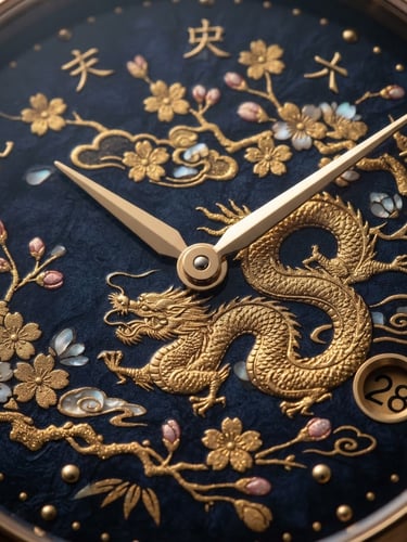 Macro shot of a Wancher watch dial with intricate gold Maki-e detailing on a deep indigo background, soft side lighting, premium feel