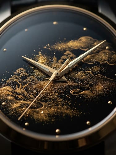 Macro shot of a Wancher watch dial with deep black Urushi lacquer, gold Maki-e dust details glinting under soft side lighting, shallow depth of field, 35mm