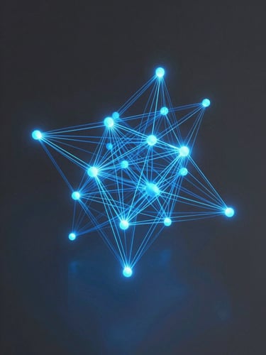 Isometric orthographic projection of abstract 3D digital network nodes, glowing electric blue vector trajectories, sharp cyan edge-glows, deep graphite background.