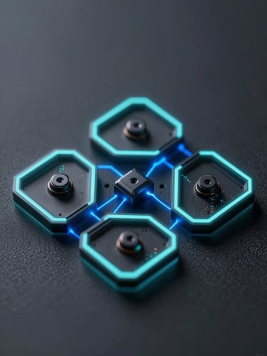 Macro crop of complex digital geometry, isometric network layout with glowing cyan edge-glows and electric blue light leaks against a deep graphite backdrop.