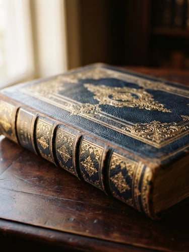 Close-up of a luxurious, leather-bound volume with gold embossed lettering, resting on a dark mahogany desk under soft window light, shallow depth of field.