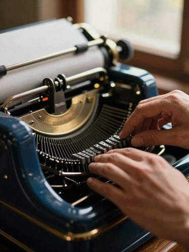 A close-up of an antique letterpress machine, hands carefully setting lead type, warm chiaroscuro window light, rich navy and antique gold tones, shallow depth of field, 35mm.
