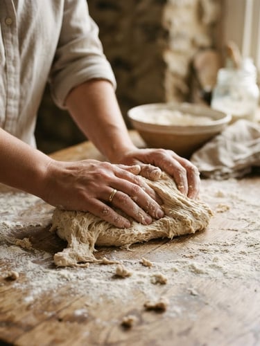 Intimate close-up of hands kneading sourdough on a flour-dusted wooden table, warm natural window light, rustic kitchen setting, warm editorial photography, 35mm