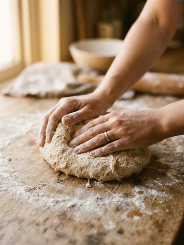 Intimate close-up of hands kneading sourdough on a flour-dusted wooden table, warm golden window light, tactile grain, 35mm photography