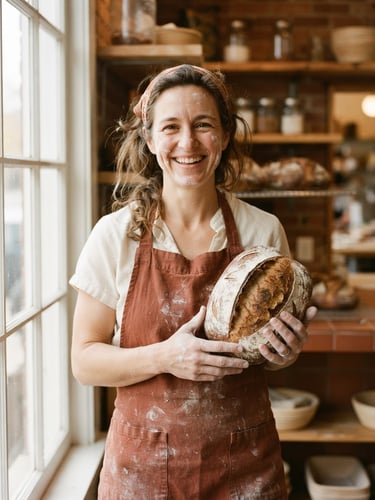 Warm editorial portrait of a smiling local Ohio baker holding a fresh, flour-dusted sourdough loaf, soft natural window light, rich terracotta tones, tactile grain, shallow depth of field, 35mm.