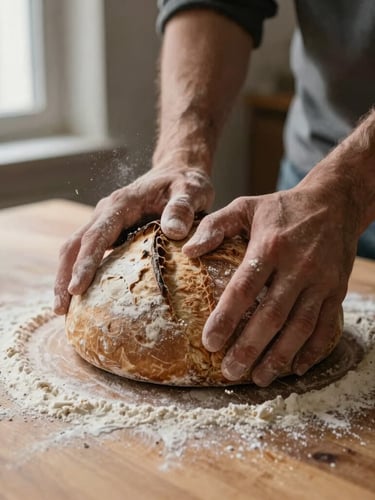 Hands kneading rustic sourdough on a heavy wooden table, flour dusting the air, warm side light from a kitchen window, tactile grain, shallow depth of field, 35mm.