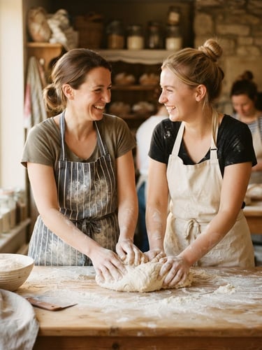 Candid medium shot of two smiling volunteers in flour-dusted aprons kneading sourdough together at a rustic wooden table, warm golden window light, shallow depth of field, 35mm photography