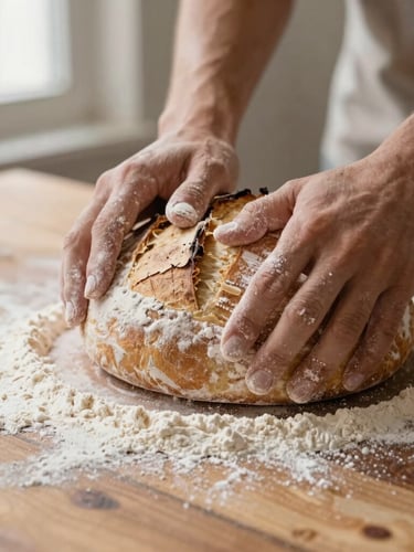 Close-up of hands dusting flour over a rustic wooden table, kneading a large batch of sourdough bread, warm side lighting, shallow depth of field