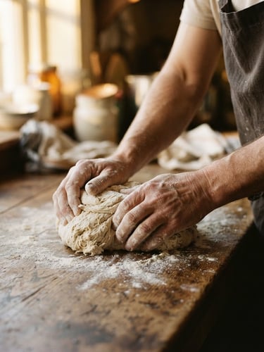 Warm environmental close-up of hands dusted in flour kneading rustic sourdough on a heavy wooden counter, soft golden window light casting long shadows, 35mm photography with shallow depth of field
