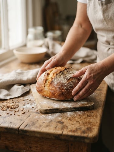 Hands placing a warm, golden-brown loaf of sourdough bread onto a rustic wooden table, soft window light, warm editorial photography style.