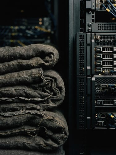 Moody editorial photography, close-up of folded heavy linen textile textures adjacent to a sharp geometric server rack, dramatic dark studio lighting with gold accents, 35mm
