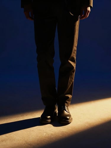 Dramatic cinematic photography of a determined person stepping from deep shadow into a sharp golden shaft of light, deep royal blue background, high-contrast chiaroscuro, 35mm lens