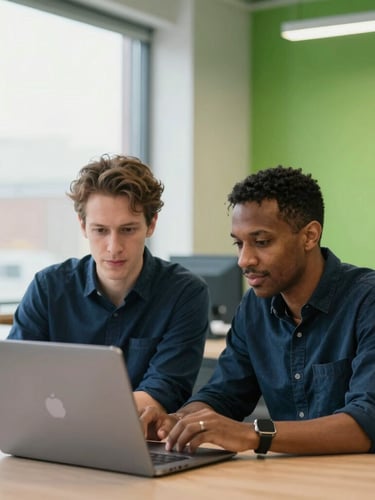 Candid environmental portrait of two diverse Ohio-based founders collaborating in a bright, modern Columbus incubator workspace, focused on a laptop screen, natural window daylight, cool navy and vibrant green accents, shallow depth of field, 35mm lens.