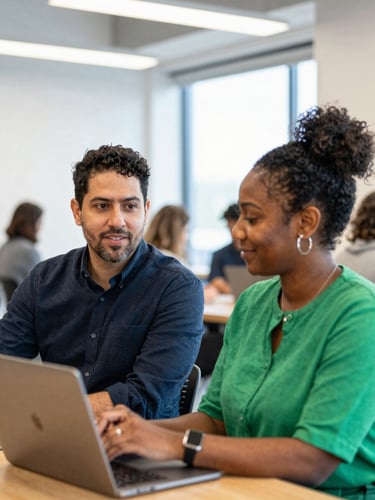 Candid environmental portrait of two diverse founders collaborating in a bright, modern Columbus incubator space, natural daylight, warm focus, shallow depth of field.