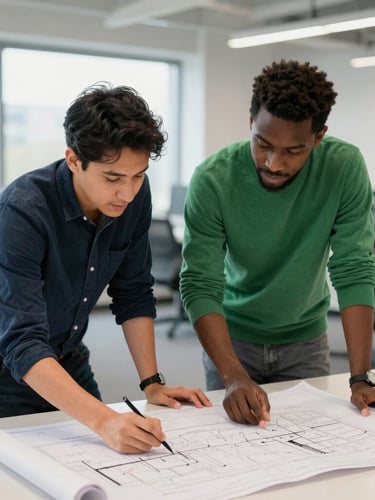 Candid environmental portrait of two diverse founders collaborating over blueprints in a brightly lit, modern Columbus incubator space, natural daylight, 35mm lens.