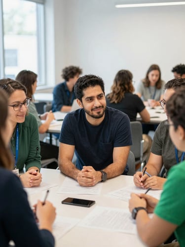 Candid environmental portrait of a diverse team of founders collaborating around a table in a bright, modern Ohio-based incubator hub, natural daylight, 35mm lens, shallow depth of field.