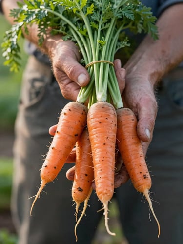 A close-up photograph of a farmer's dirt-stained hands gently holding freshly harvested heirloom carrots with green tops, soft natural morning side-light, shallow depth of field.