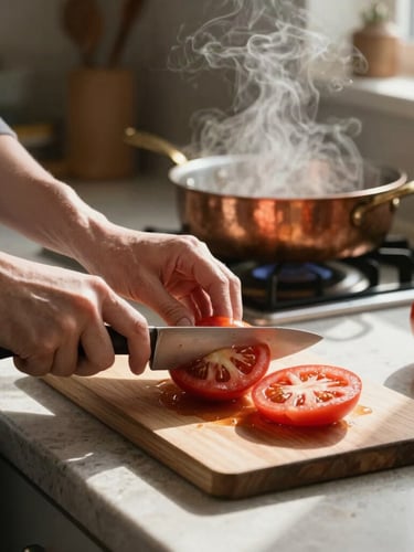 Soft natural side-light on a rustic kitchen counter during 5 PM prep. Hands slicing heirloom tomatoes, steam rising from a copper pan in the background, high-contrast shadows, Scandinavian cozy aesthetic.