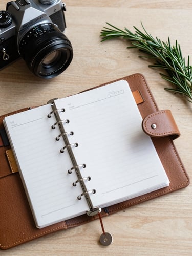 A vertical overhead shot of a clean wooden table with a leather-bound planner, a vintage camera, and fresh rosemary sprigs, soft natural side lighting.