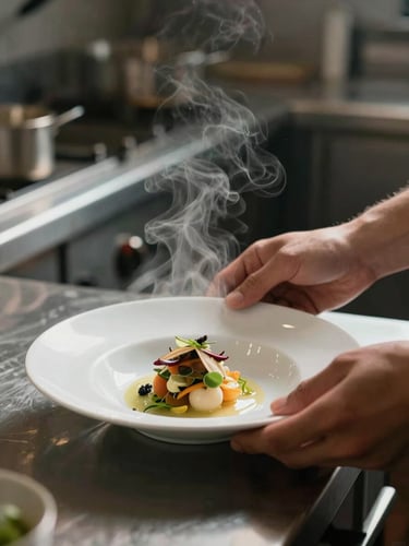 A portrait shot of hands plating a delicate dish in a professional kitchen, steam rising softly in the background, natural side-lighting.