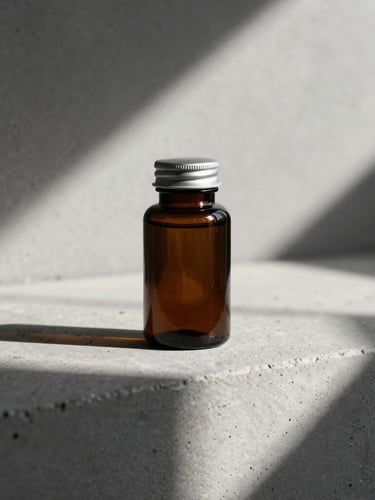 Sleek dark glass supplement bottle on a raw concrete ledge, sharp morning side-light casting deep architectural shadows, minimalist composition