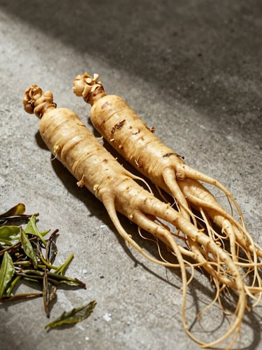 A close-up, medium-format shot of raw ginseng roots and green tea leaves on a rough concrete surface, natural high-contrast side-lighting with deep shadows.