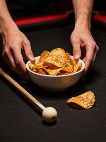 Macro shot of hands placing a bowl of premium seasoned chips next to a pool cue on black felt, warm low-key ambient light