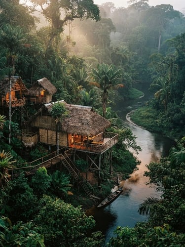 Portrait of a rustic wooden lodge nestled deep in the Peruvian Amazon canopy, overlooking a winding river tributary at dawn, dappled rainforest sunlight, 35mm lens, moody documentary photography.