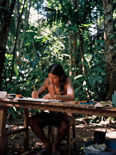 Portrait of a local Amazonian artist, possibly a painter or tattoo artist, working in a raw wooden studio, dappled canopy sunlight, immersive wide-angle environmental shot, moody documentary photography.