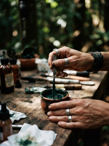 Artistic close-up of a tattoo artist's hands mixing deep green ink with water, dappled sunlight filtering through a dense jungle canopy, moody documentary photography, terracotta tones in background.