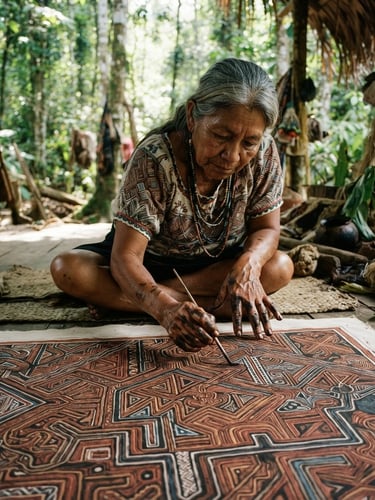 A local Shipibo artist, hands covered in paint, focused on a large canvas depicting ayahuasca visions, dappled rainforest sunlight filtering through the canopy, moody documentary photography.