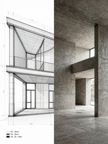 Split-screen architectural visualization showing a raw blueprint wireframe morphing into a photorealistic concrete interior, technical metadata overlays.